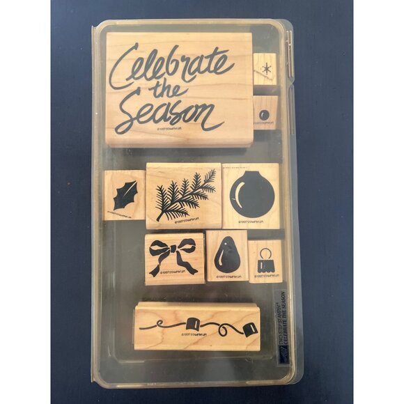 1997 Stampin' Up! Celebrate The Season Wood Mounted Rubber Stamp Set Vintage - Picture 1 of 3